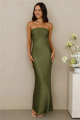 The Seraphina Strapless Satin Maxi Dress Olive